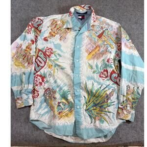VINTAGE 90s Tommy Hilfiger Cote D Azur Button Up Shirt Mens Small All Over Print